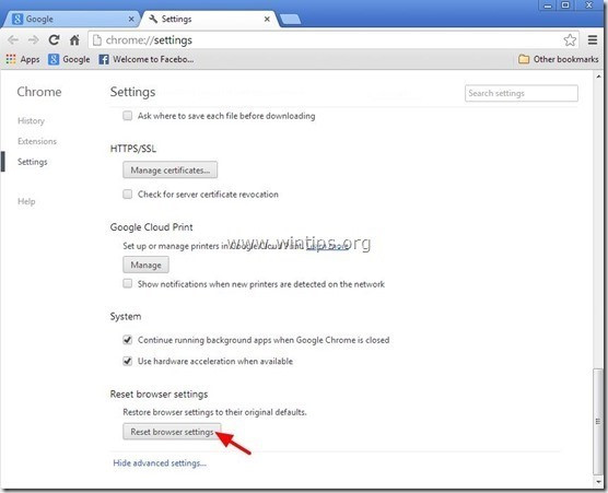 Cuộn xuống tìm và chọn nút Reset Browser Settings