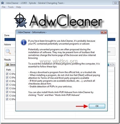 Trên cửa sổ AdwCleaner - Information