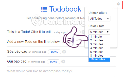 Thiết lập thời gian cho Todobook
