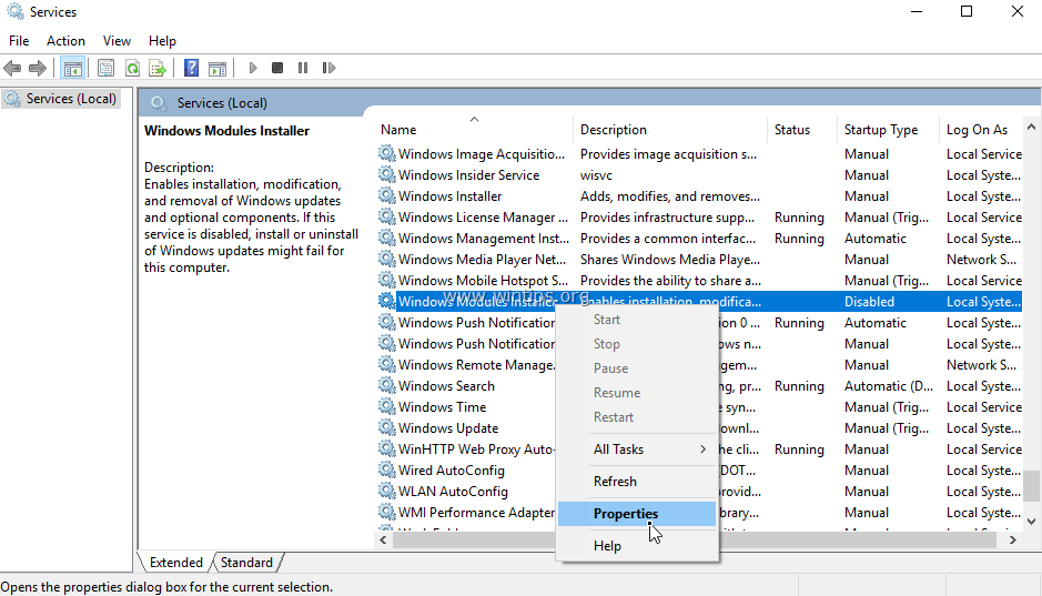 Kích đúp chuột vào Windows Modules Installer